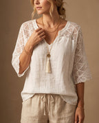 Leona Women's Lightweight Lace Sleeve V Neck Blouse