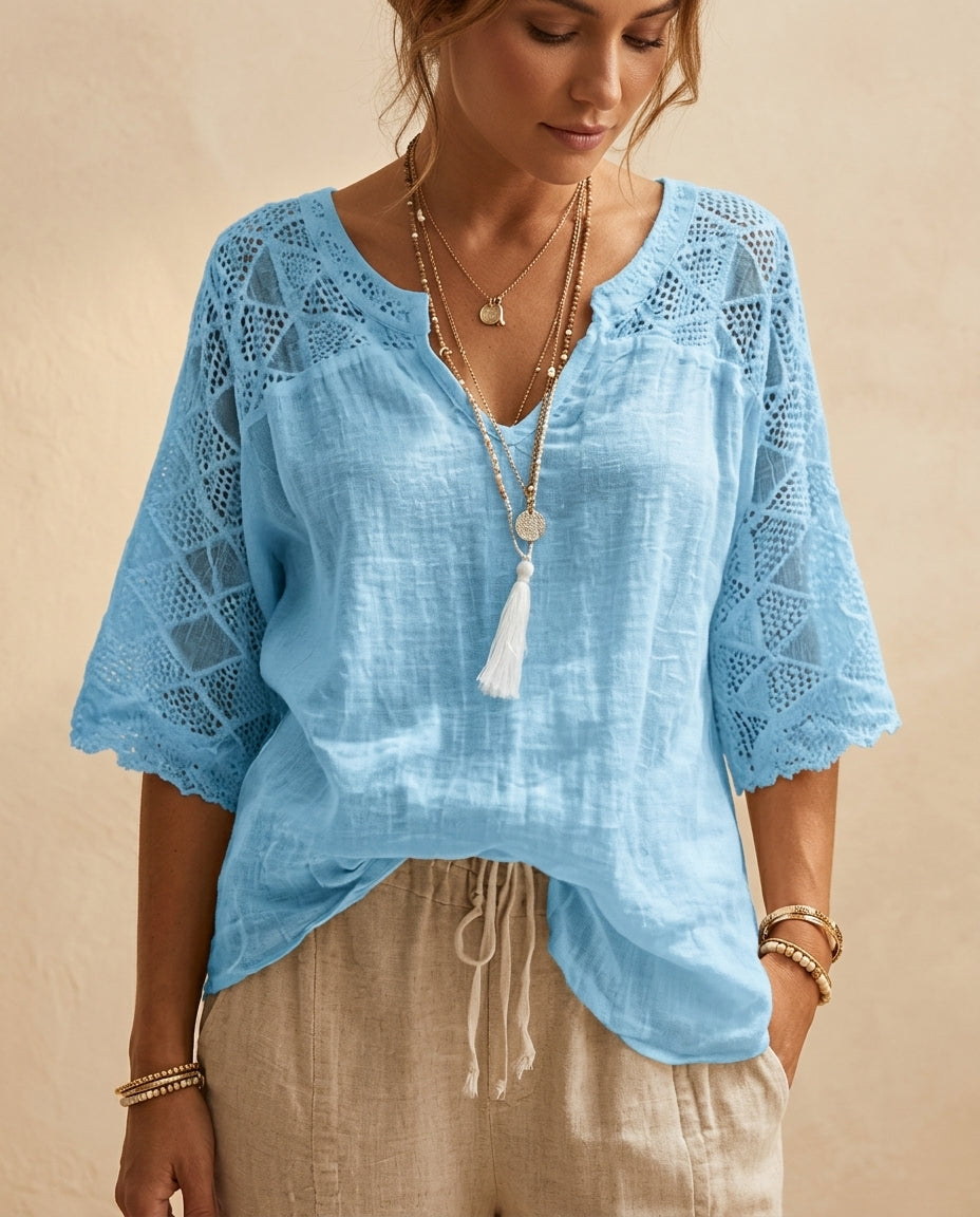 Leona Women's Lightweight Lace Sleeve V Neck Blouse
