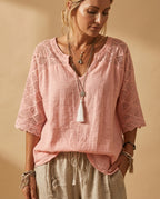 Leona Women's Lightweight Lace Sleeve V Neck Blouse