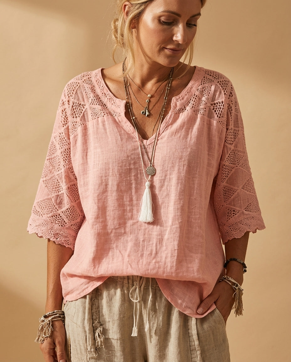 Leona Women's Lightweight Lace Sleeve V Neck Blouse