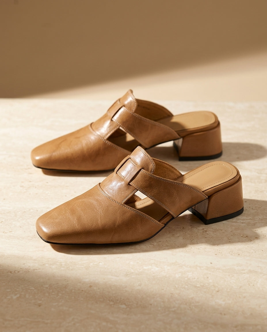 Faye Women's Leather Cut Out Block Heel Mules