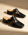 Faye Women's Leather Cut Out Block Heel Mules