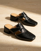 Faye Women's Leather Cut Out Block Heel Mules