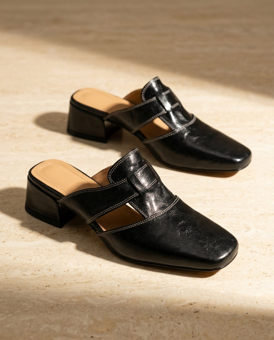 Faye Women's Leather Cut Out Block Heel Mules