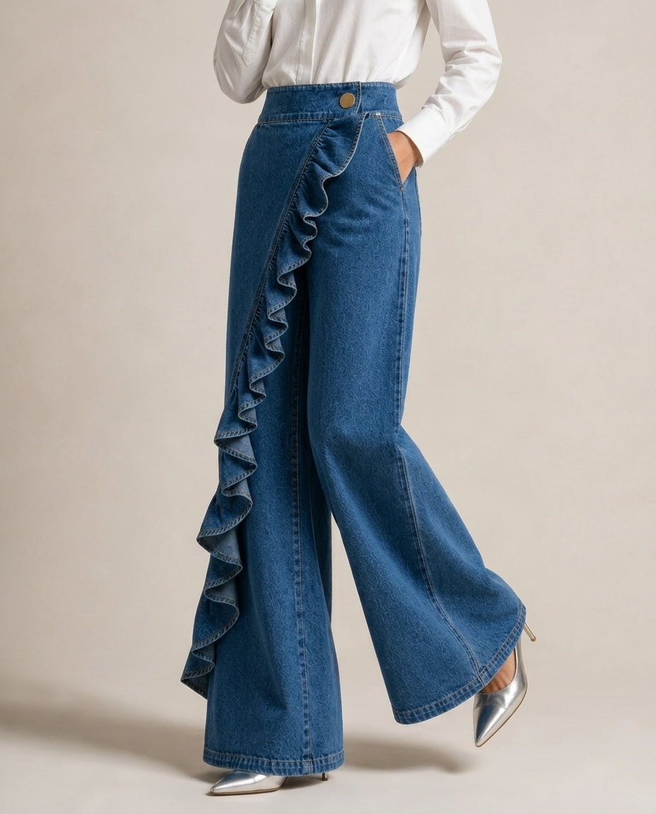 Lux Women's High Waist Ruffle Denim Pants
