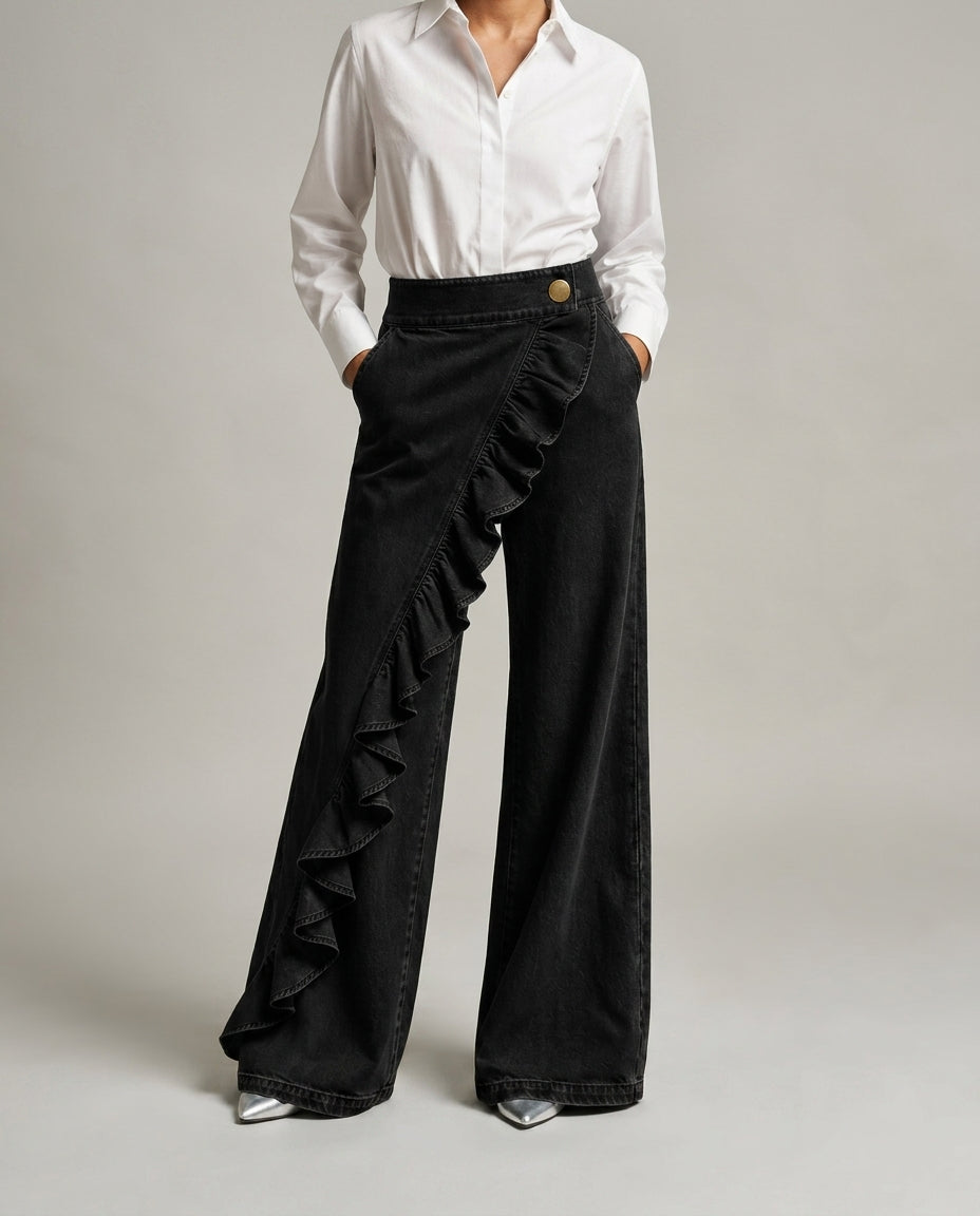 Lux Women's High Waist Ruffle Denim Pants