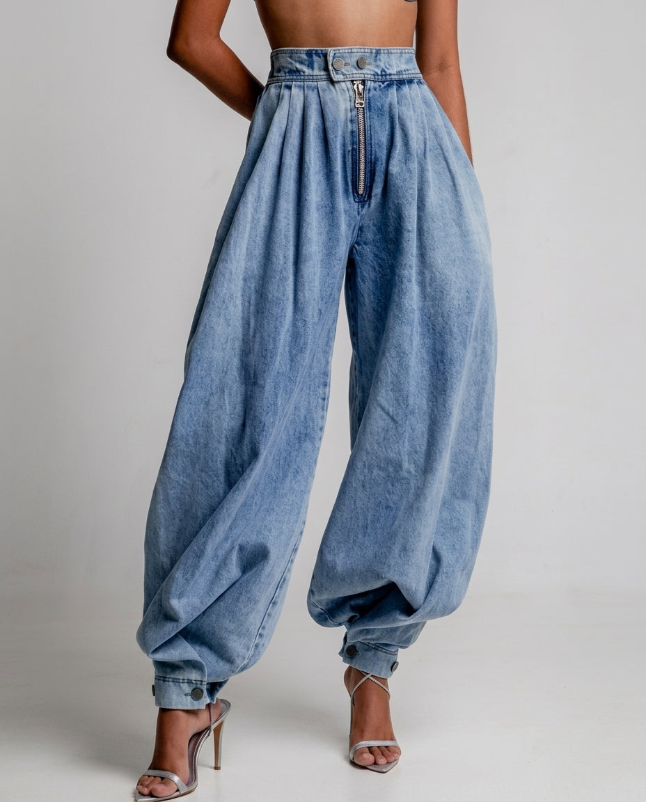 Delphine Women's High Waist Denim Harem Pants
