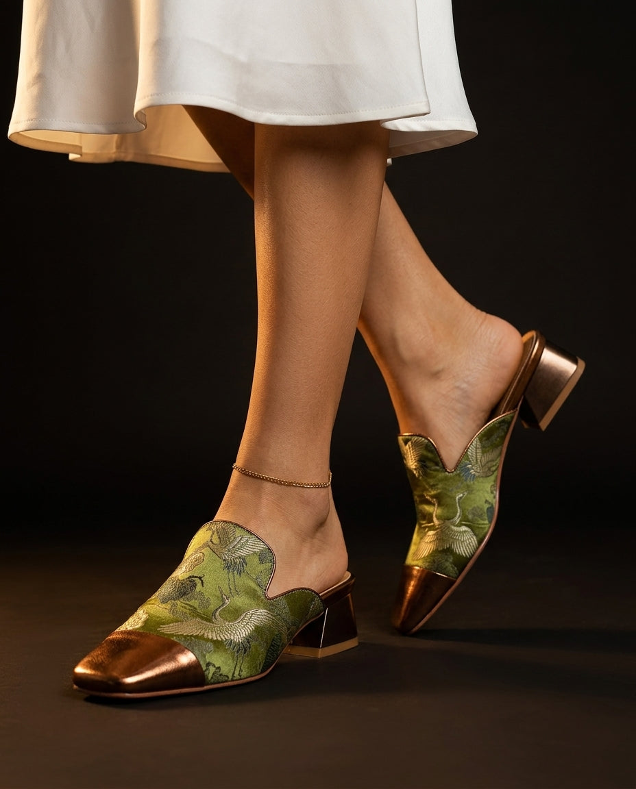 Solene Women's Floral Silk Square Toe Mules