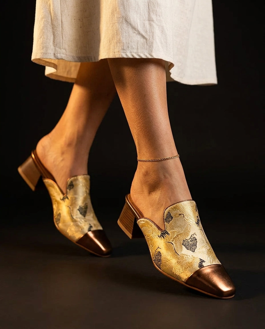 Solene Women's Floral Silk Square Toe Mules