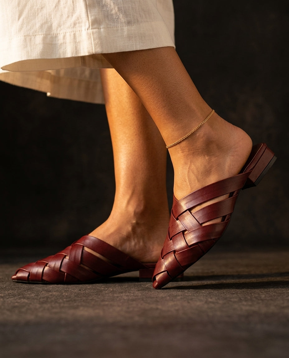 Lucia Women's Woven Leather Pointed Mules