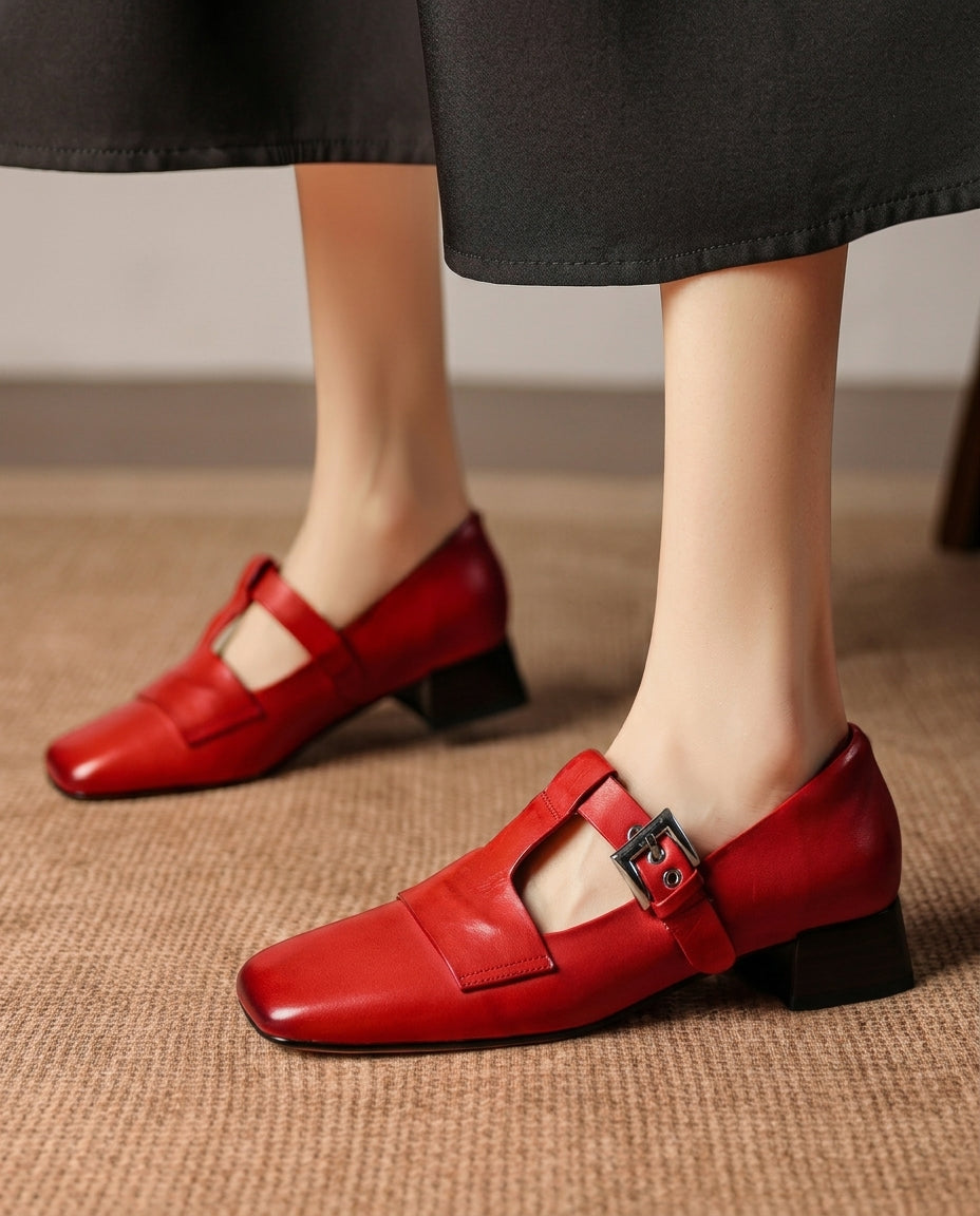 Vesna Women's Leather T Strap Block Pumps
