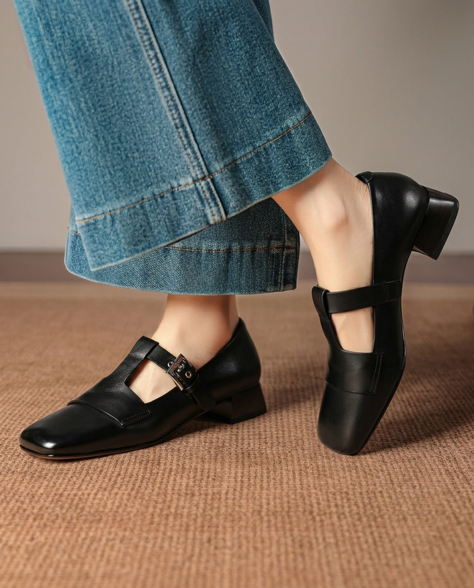 Vesna Women's Leather T Strap Block Pumps