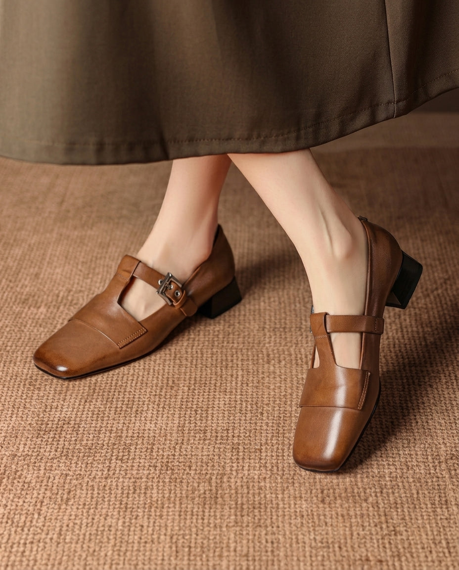 Vesna Women's Leather T Strap Block Pumps