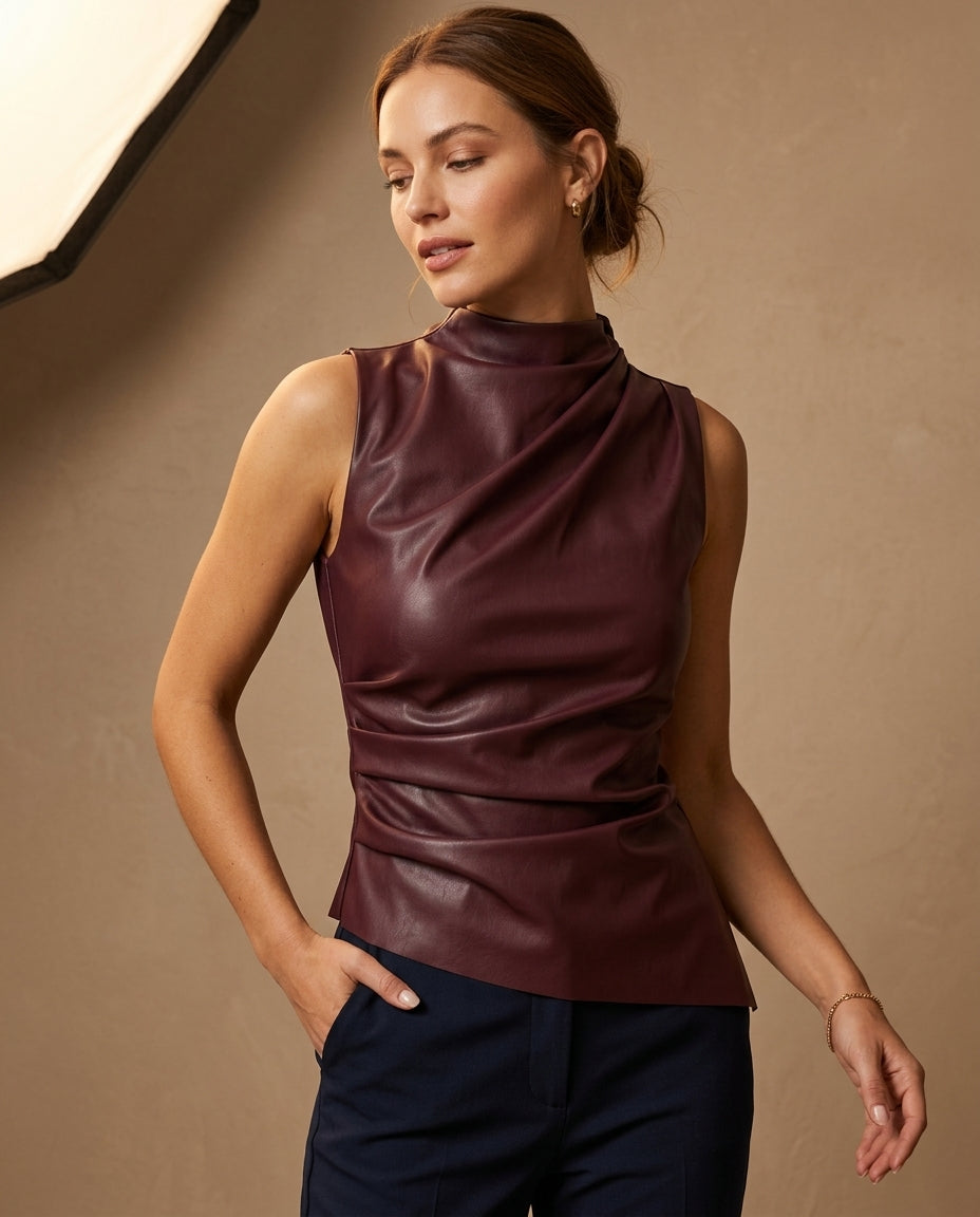 Elodie Women's Faux Leather Mock Neck Top