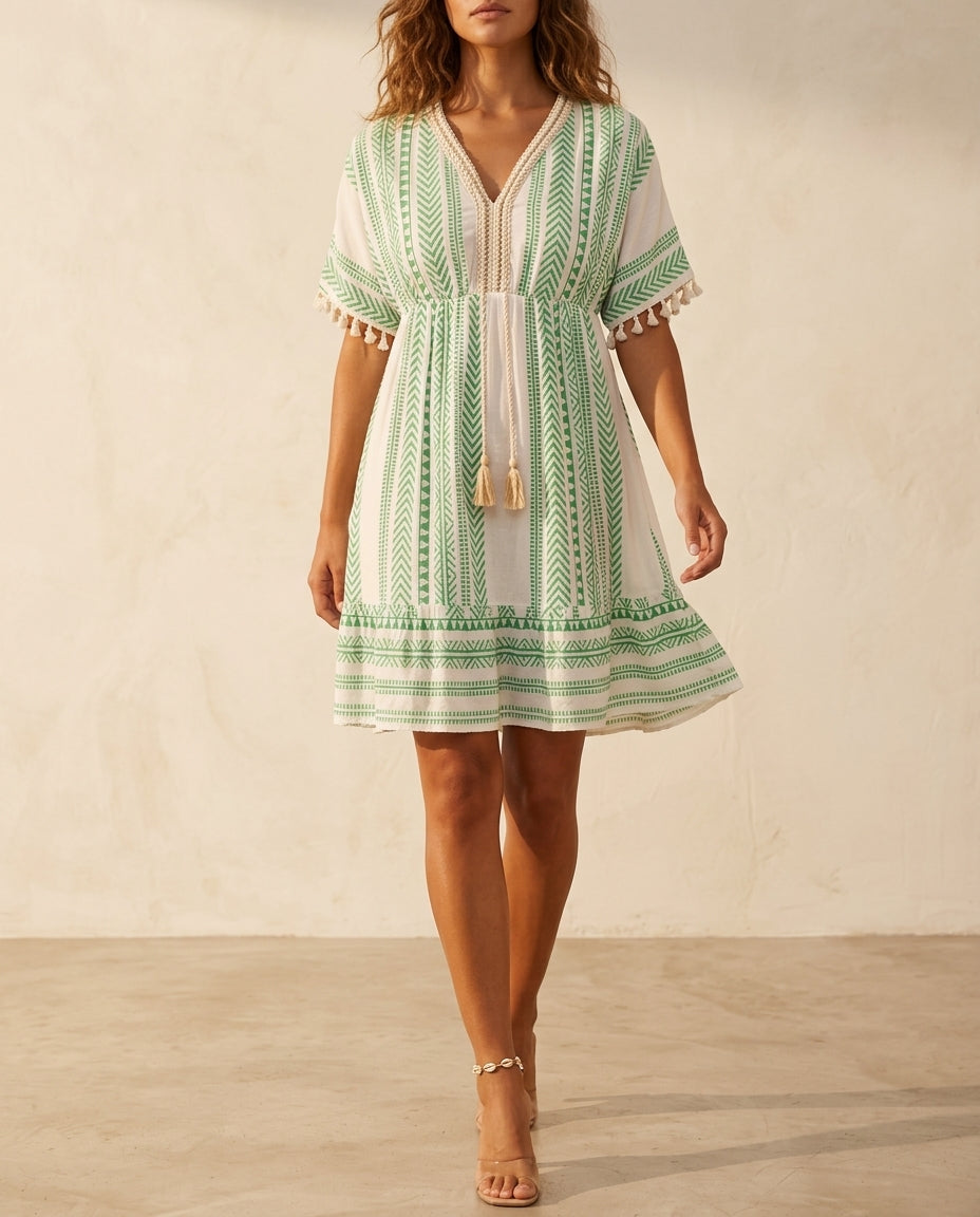 Saffron Women's Boho Tassel Mini Dress