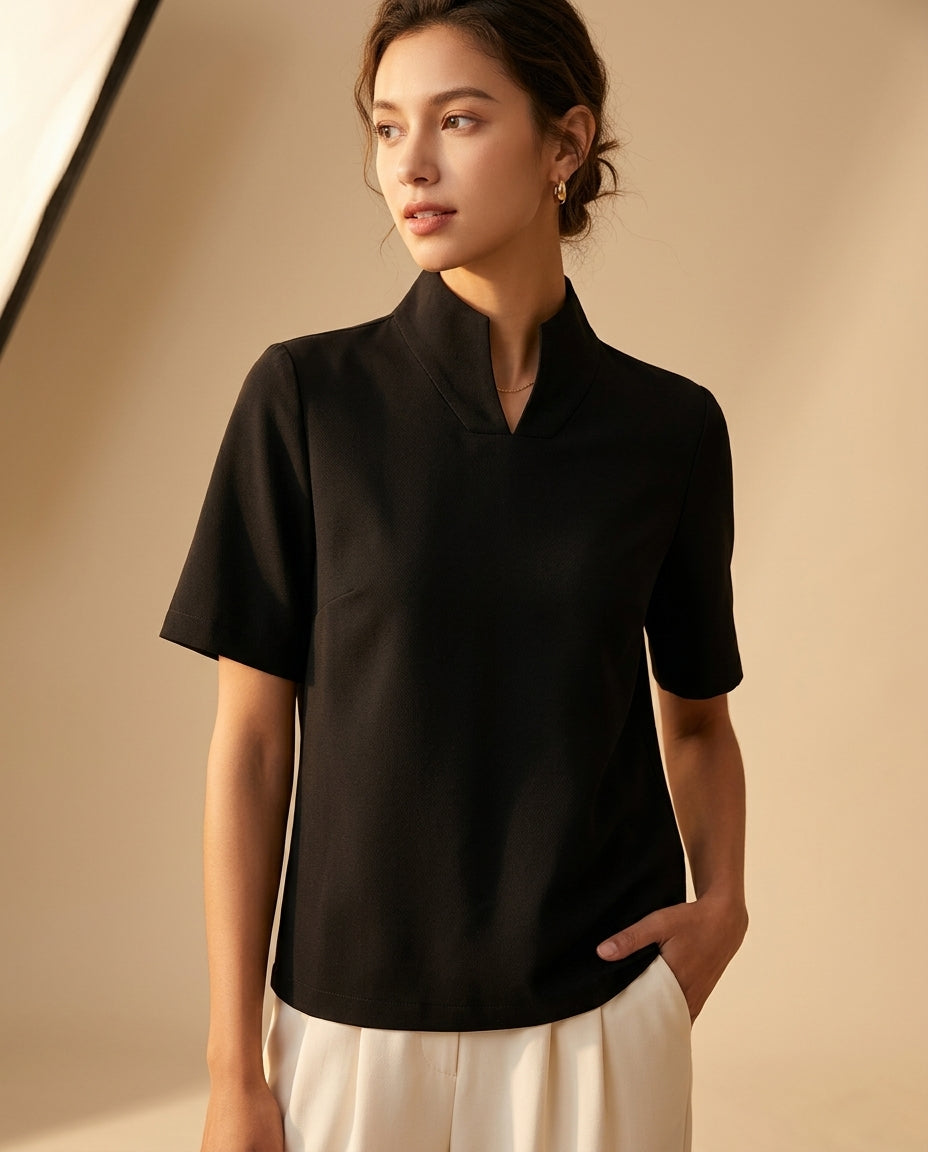 Coralie Women's V Cut Mock Neck Blouse