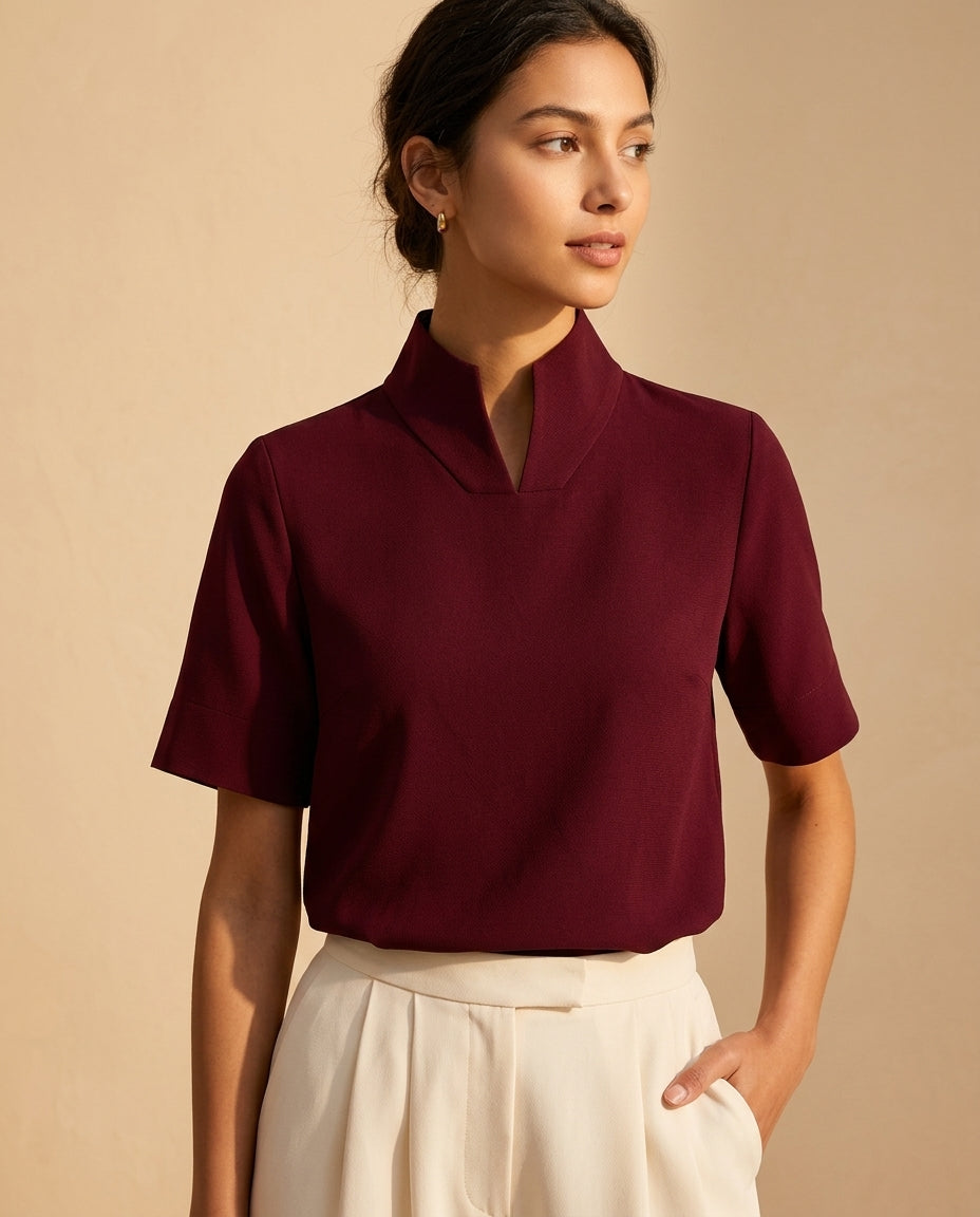 Coralie Women's V Cut Mock Neck Blouse