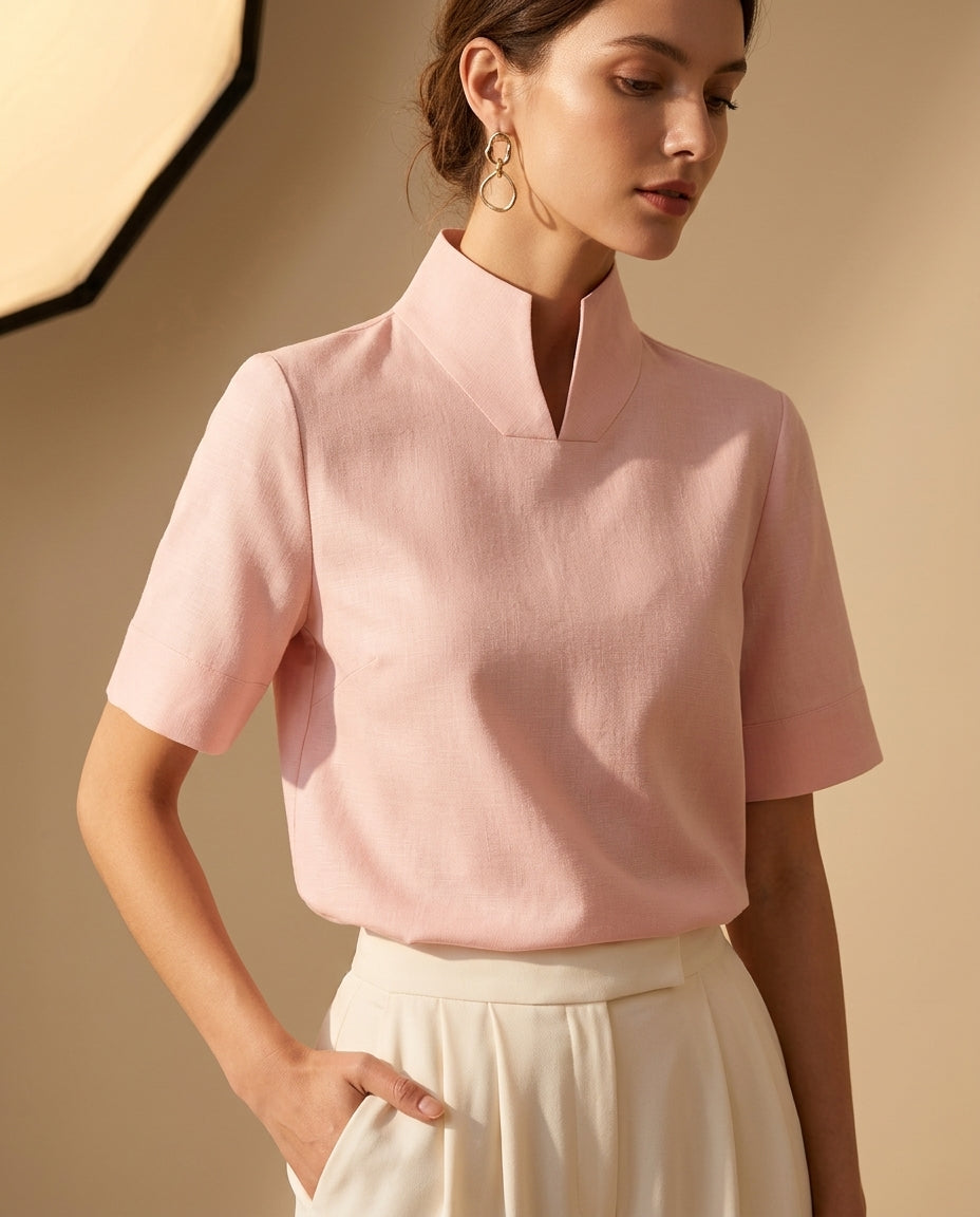 Coralie Women's V Cut Mock Neck Blouse