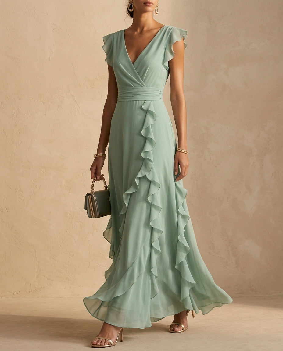 Aurelia Women's Ruffle Wedding Guest Maxi Dress, Sage / XXL