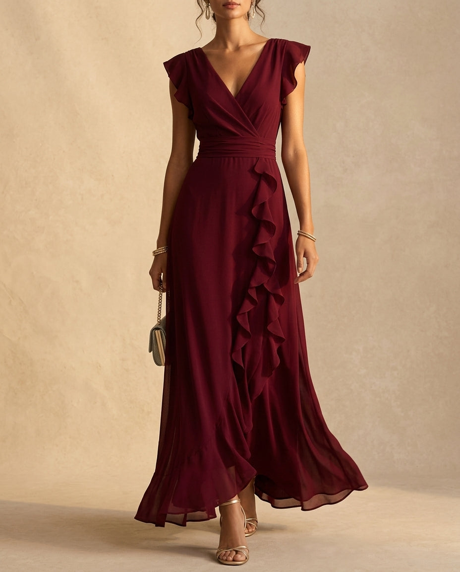 ruffle maxi dress wedding guest Aurelia Women's Dress, Wine / XL featuring a halter neckline Jade Size:XL - (16-18) Lands End Maxi Dress