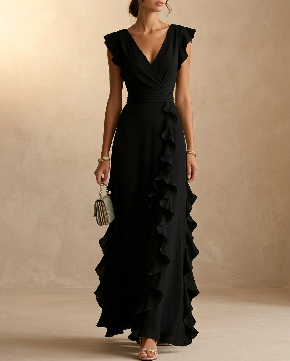 Aurelia Women's Ruffle Wedding Guest Maxi Dress, Black / XS