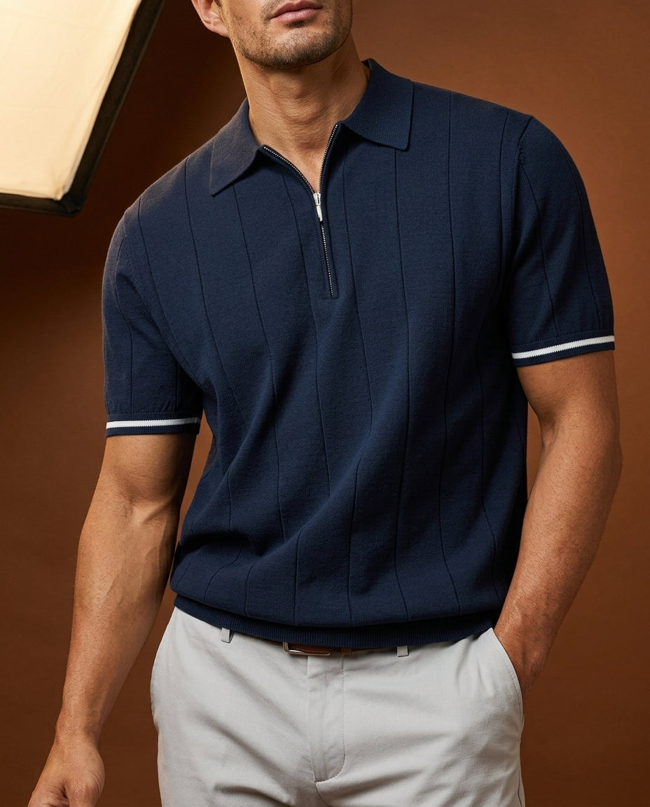 Cordoba Men's Ribbed Knit Zip Polo Shirt