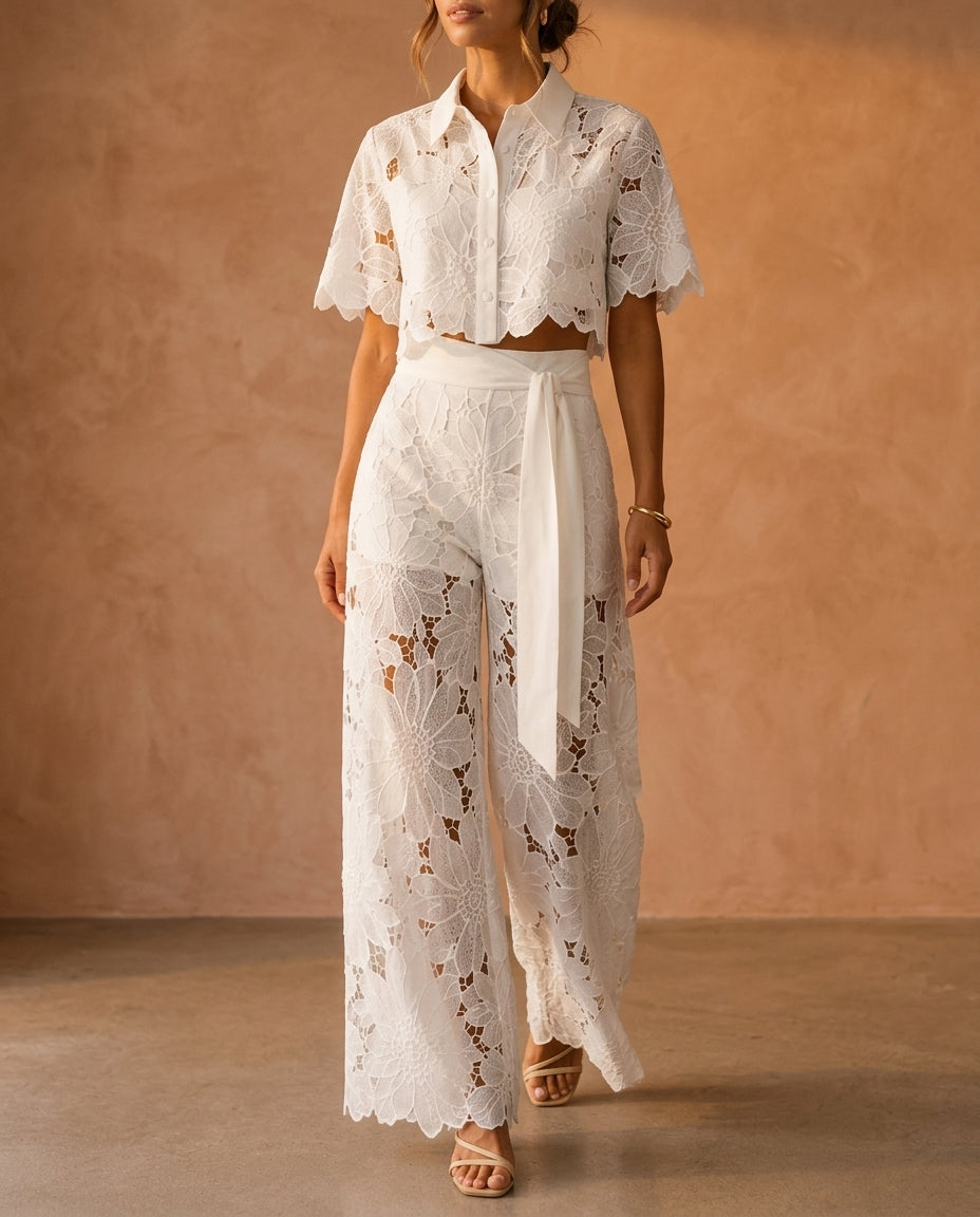 Delphine Women's Lace Wide Leg Pants Set