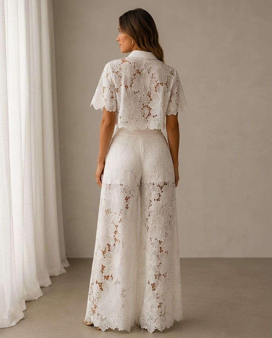 Delphine Women's Lace Wide Leg Pants Set