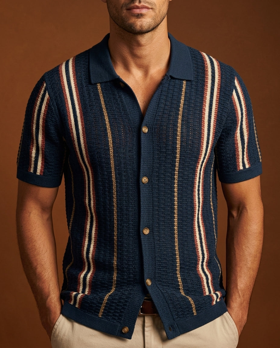 Rio Men's Striped Crochet Camp Collar Shirt