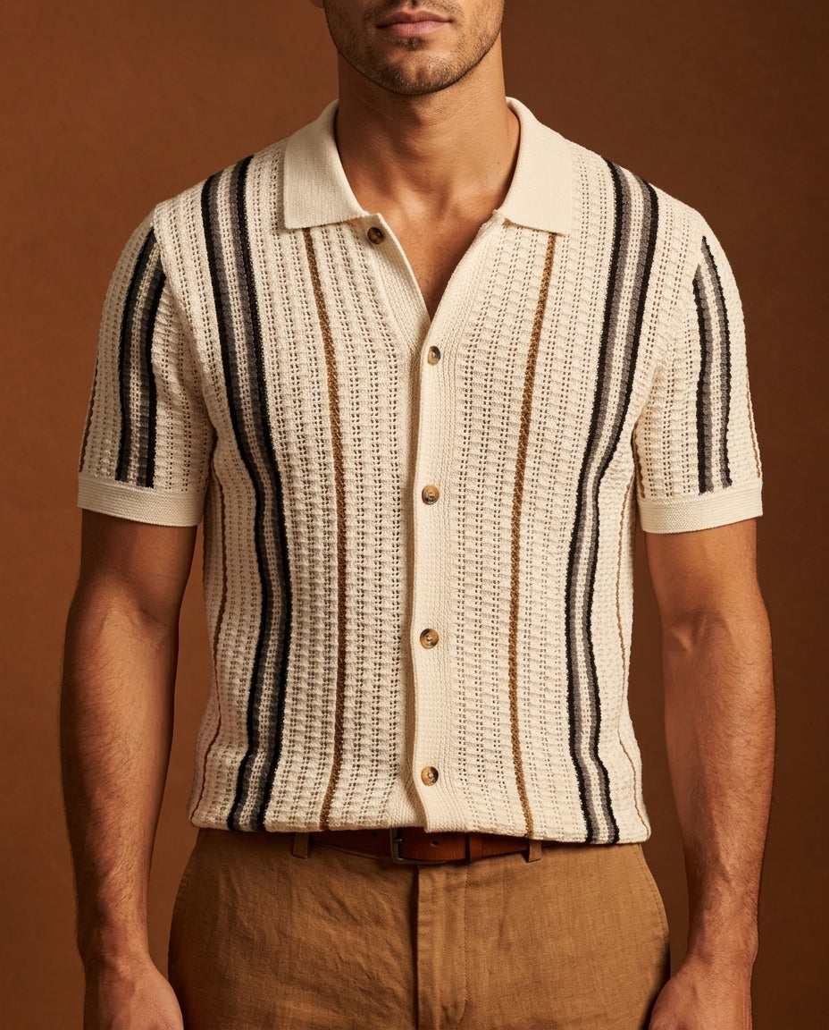 Rio Men's Striped Crochet Camp Collar Shirt