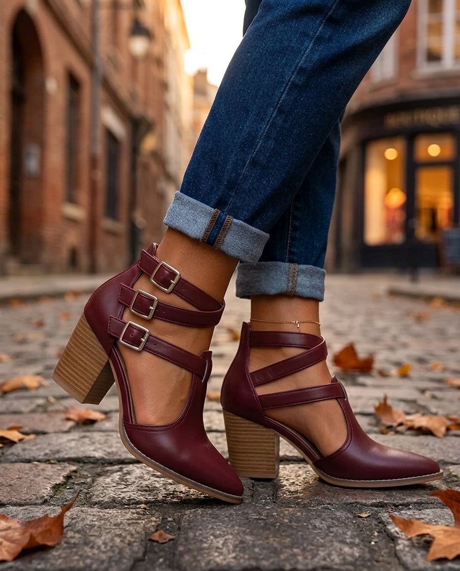 Sabine Women's Leather Buckle Block Heels