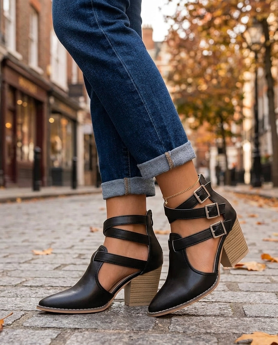 Sabine Women's Leather Buckle Block Heels