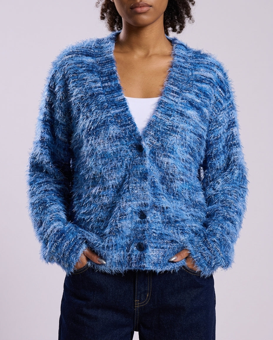 Marisol Women's Fuzzy Knit V Neck Cardigan