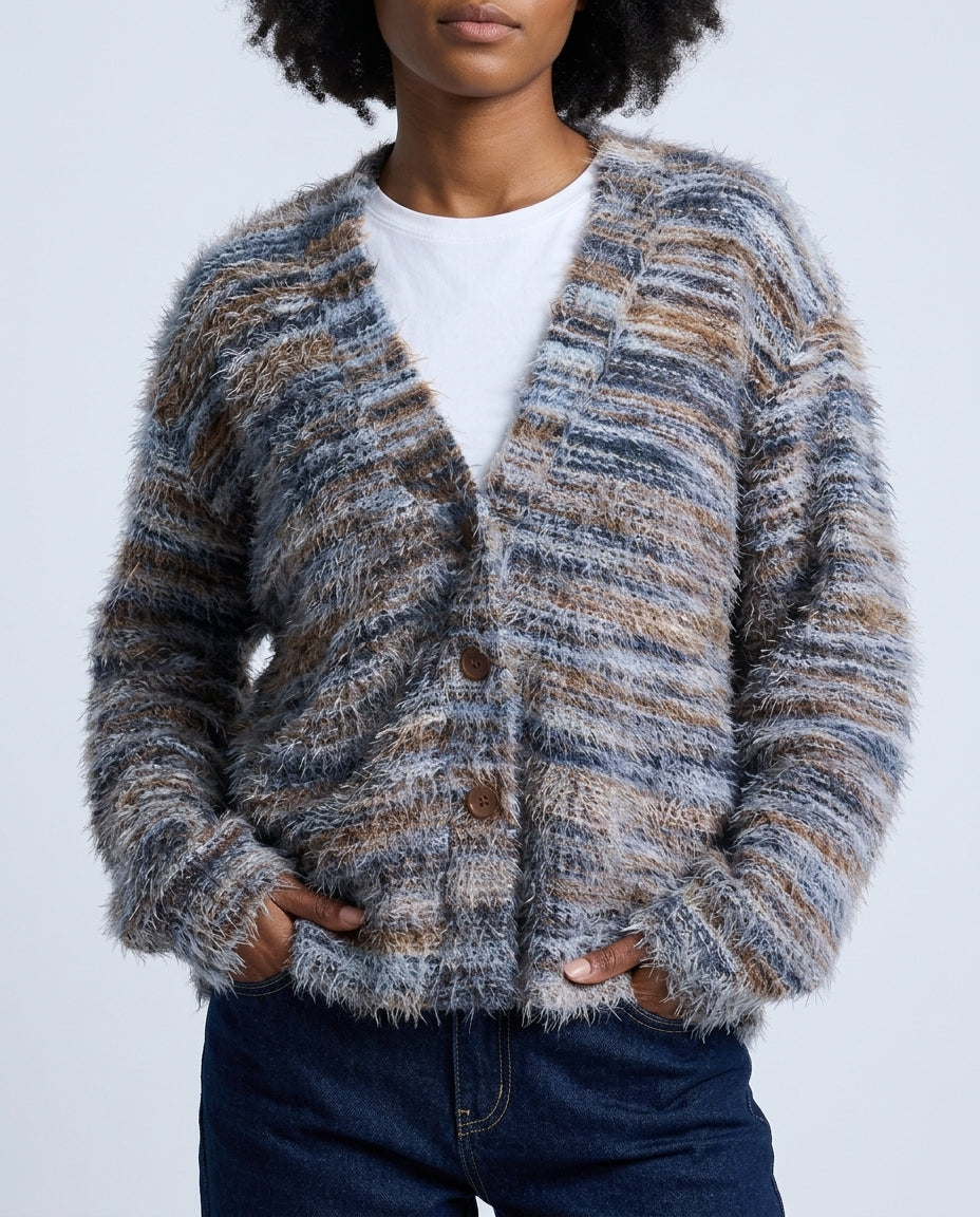 Marisol Women's Fuzzy Knit V Neck Cardigan