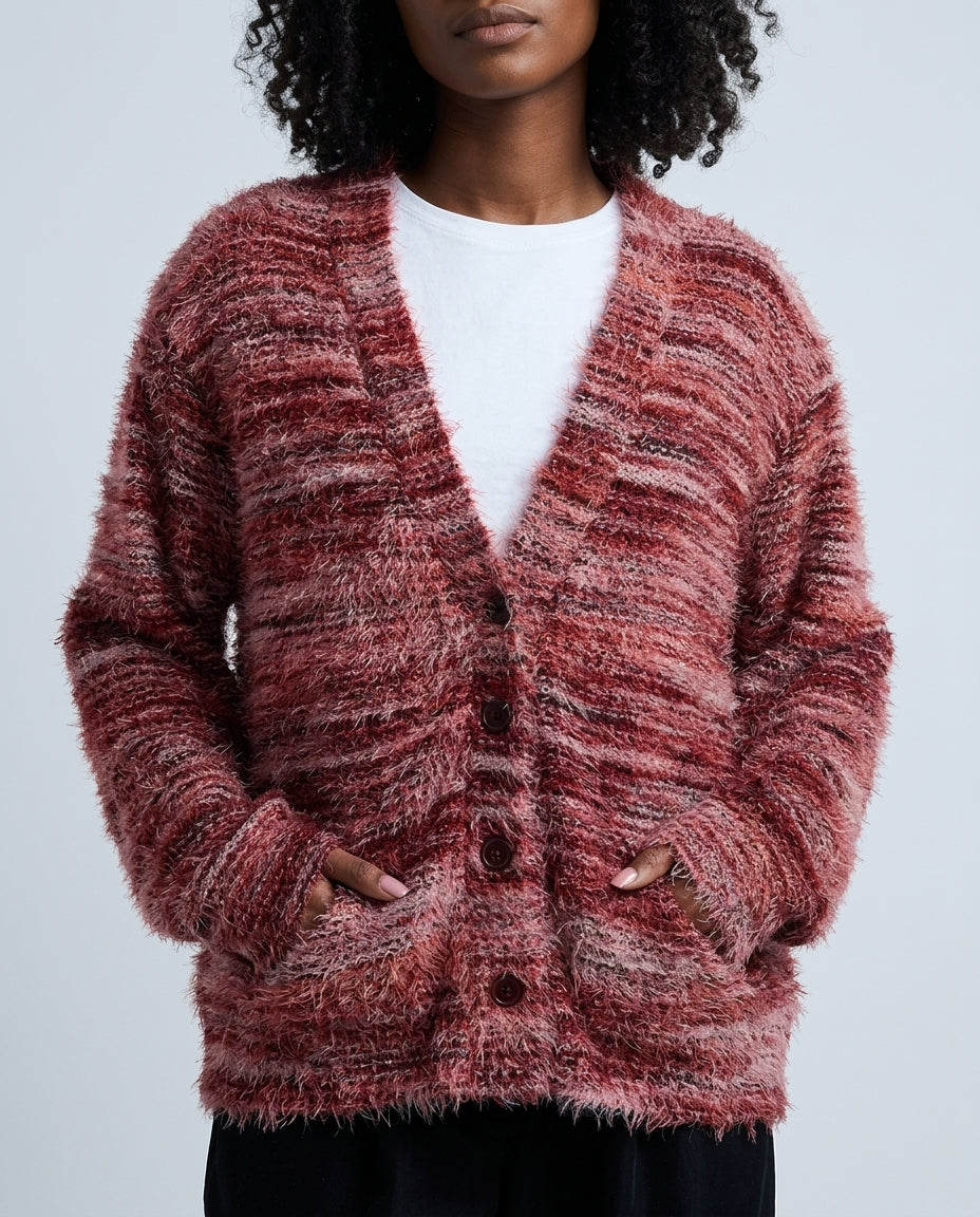 Marisol Women's Fuzzy Knit V Neck Cardigan