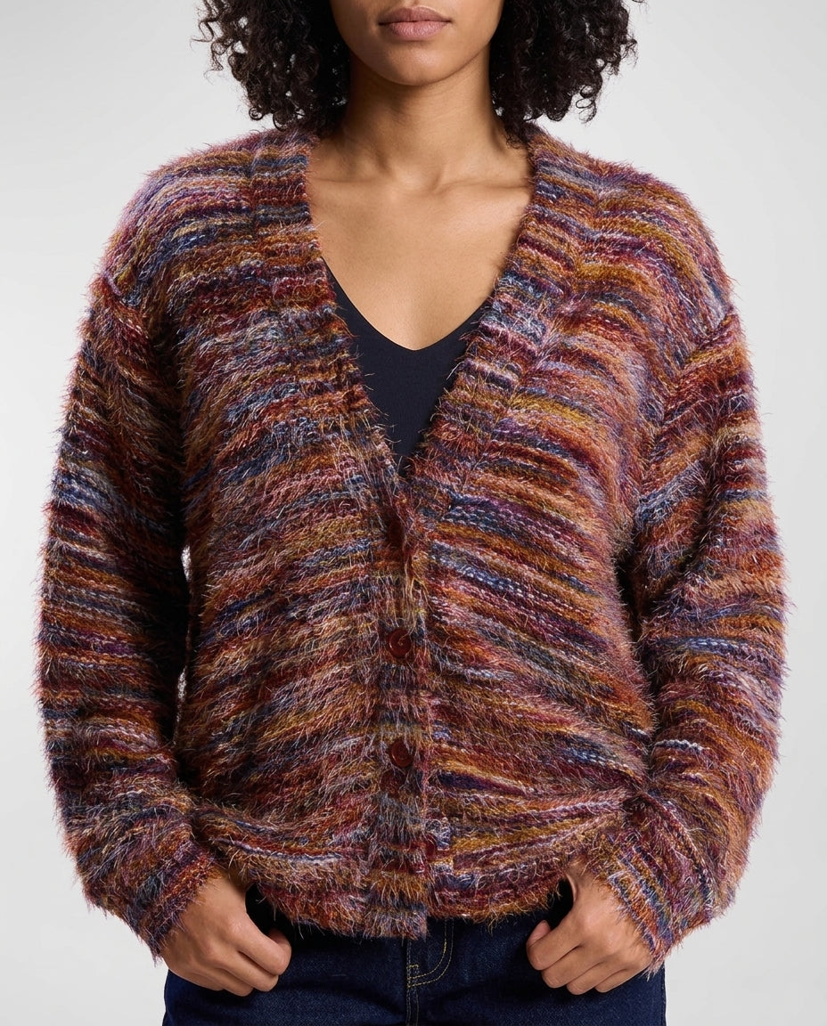 Marisol Women's Fuzzy Knit V Neck Cardigan