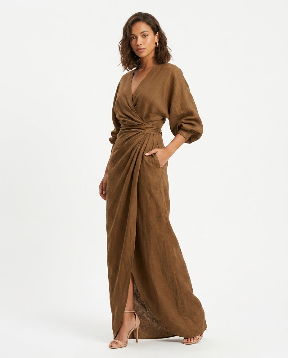 Genevieve Women's Linen Wrap Maxi Dress