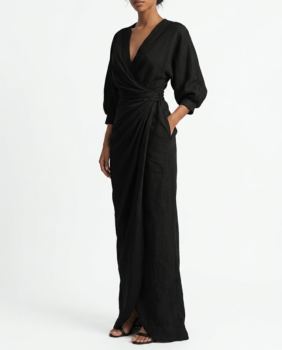 Genevieve Women's Linen Wrap Maxi Dress