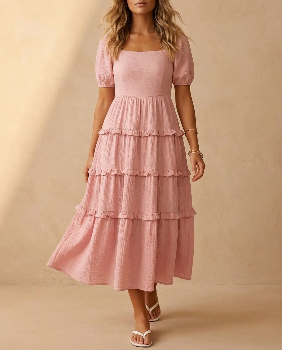 Adeline Women's Square Neck Puff Sleeve Midi Dress