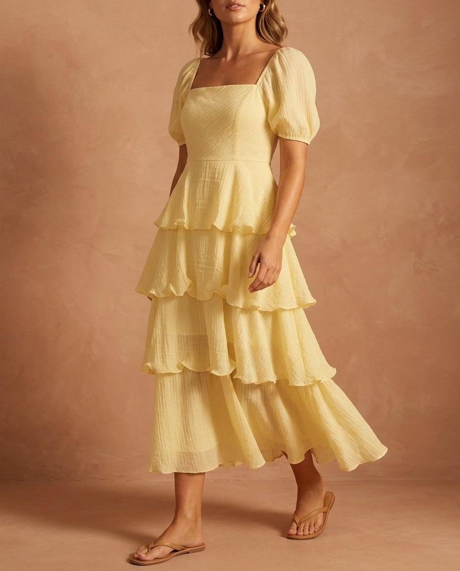 Adeline Women's Square Neck Puff Sleeve Midi Dress