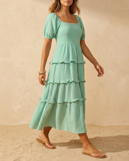 Adeline Women's Square Neck Puff Sleeve Midi Dress