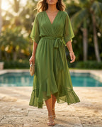 Vivienne Women's V-Neck Wrap Midi Dress
