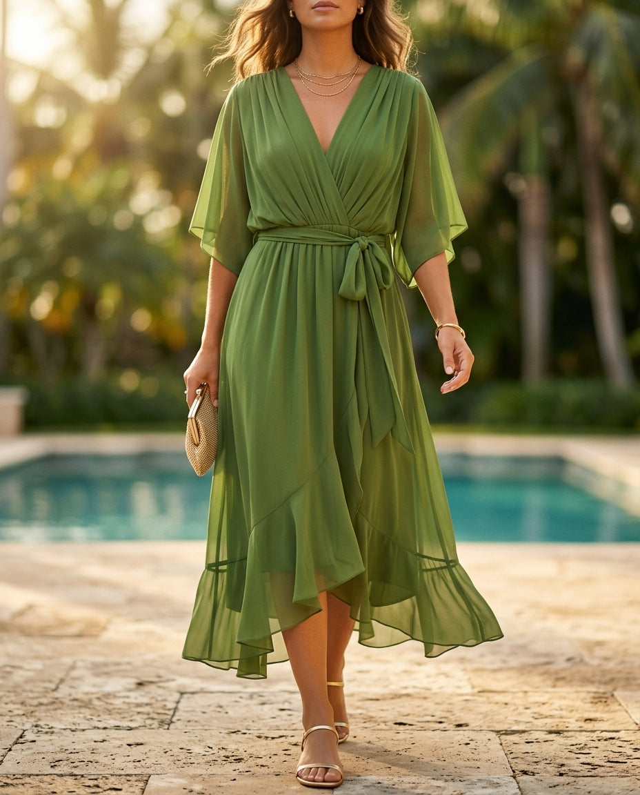 Vivienne Women's V-Neck Wrap Midi Dress