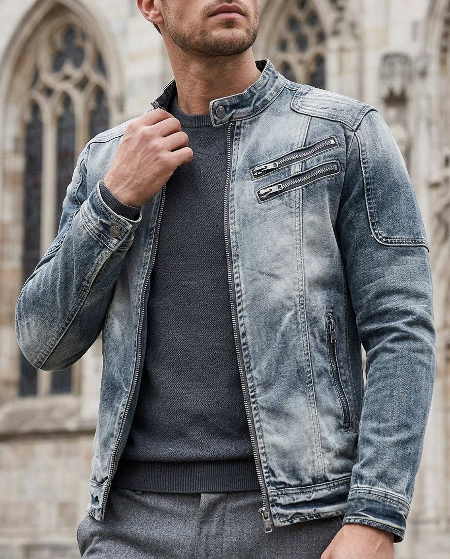 Ashcombe Men's Distressed Denim Biker Jacket