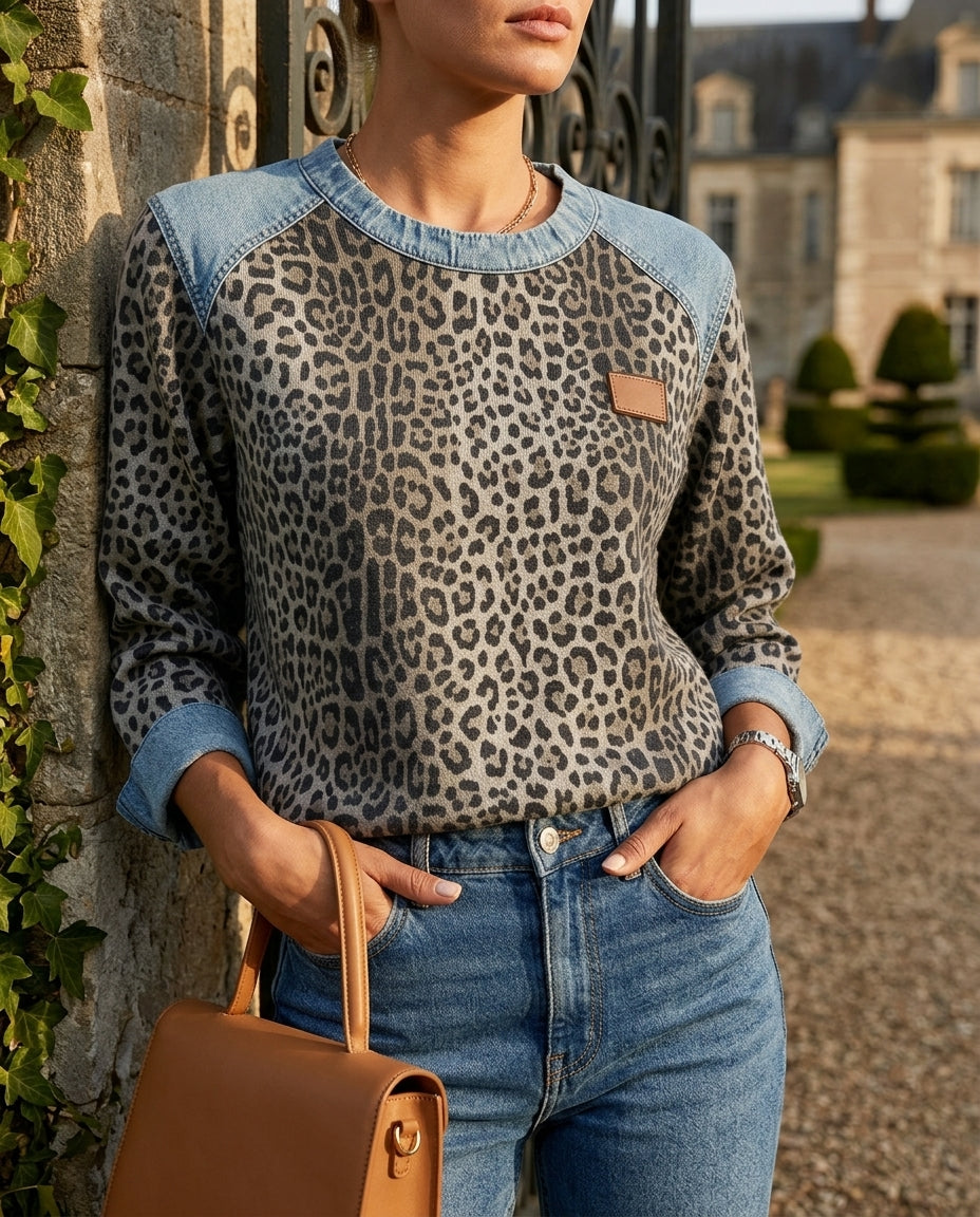 Delphine Women's Leopard Print Patchwork Sweatshirt