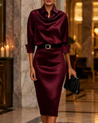 Genevieve Women's Cowl Neck Satin Midi Dress
