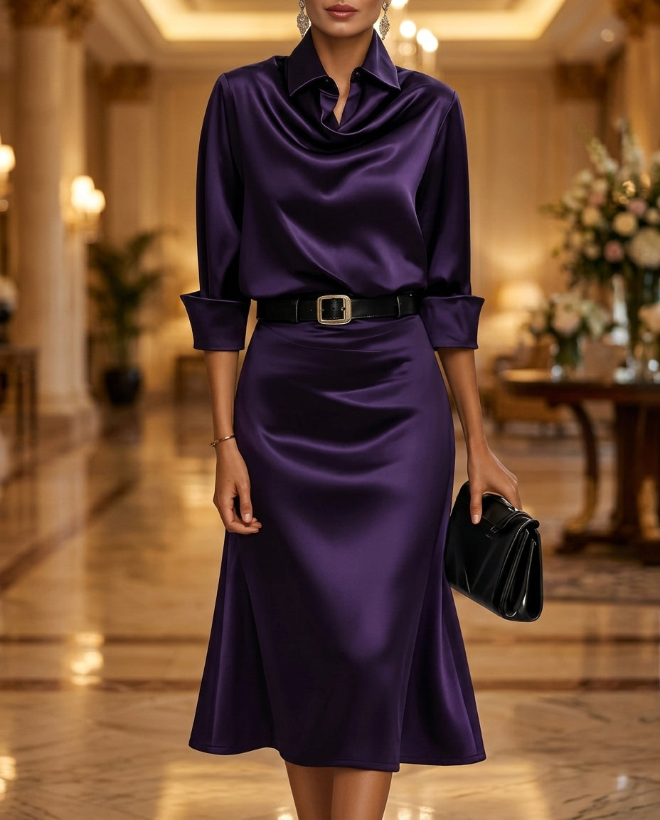 Genevieve Women's Cowl Neck Satin Midi Dress