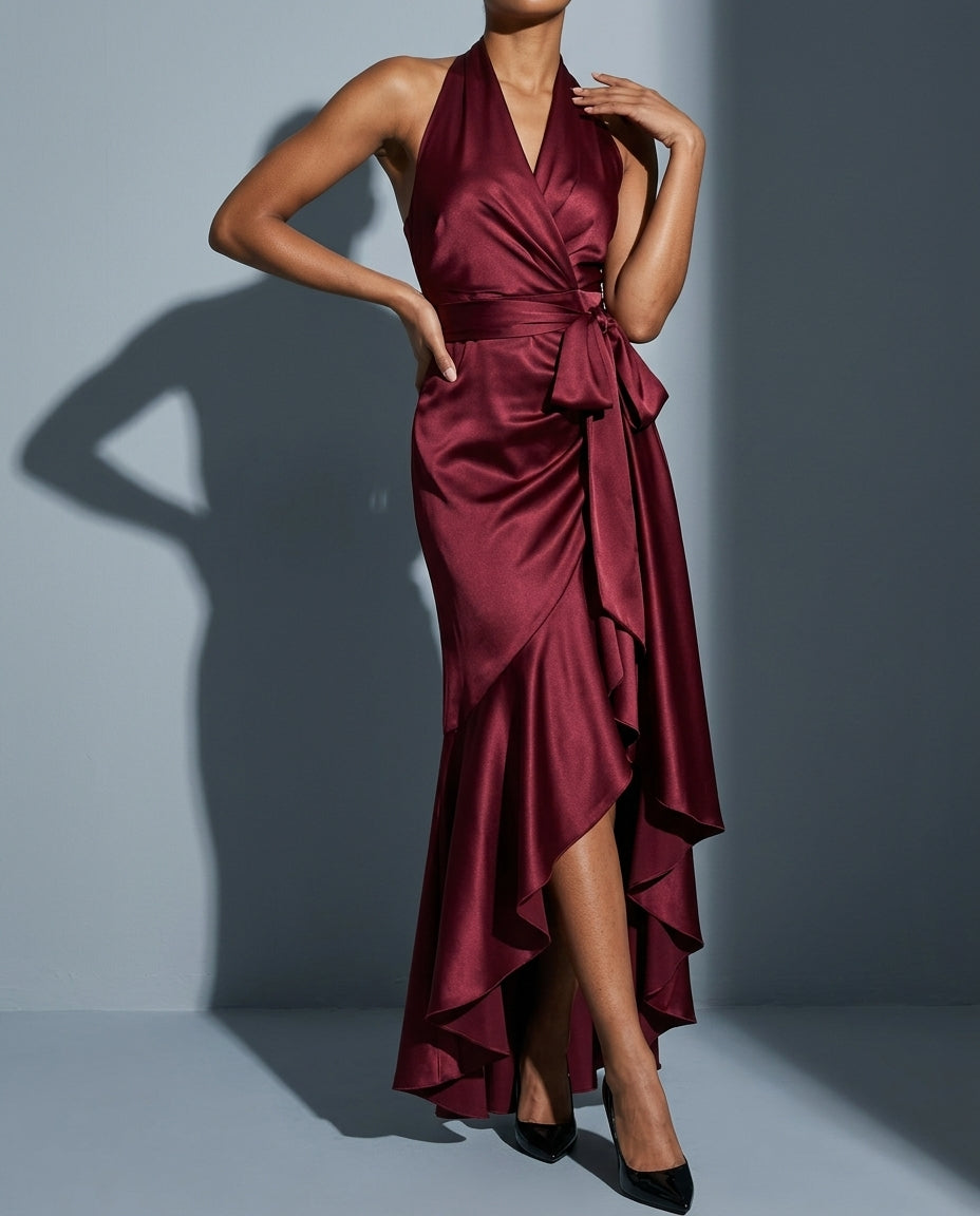 Arden Women's Halter Ruffle High Low Gown
