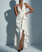 Arden Women's Halter Ruffle High Low Gown