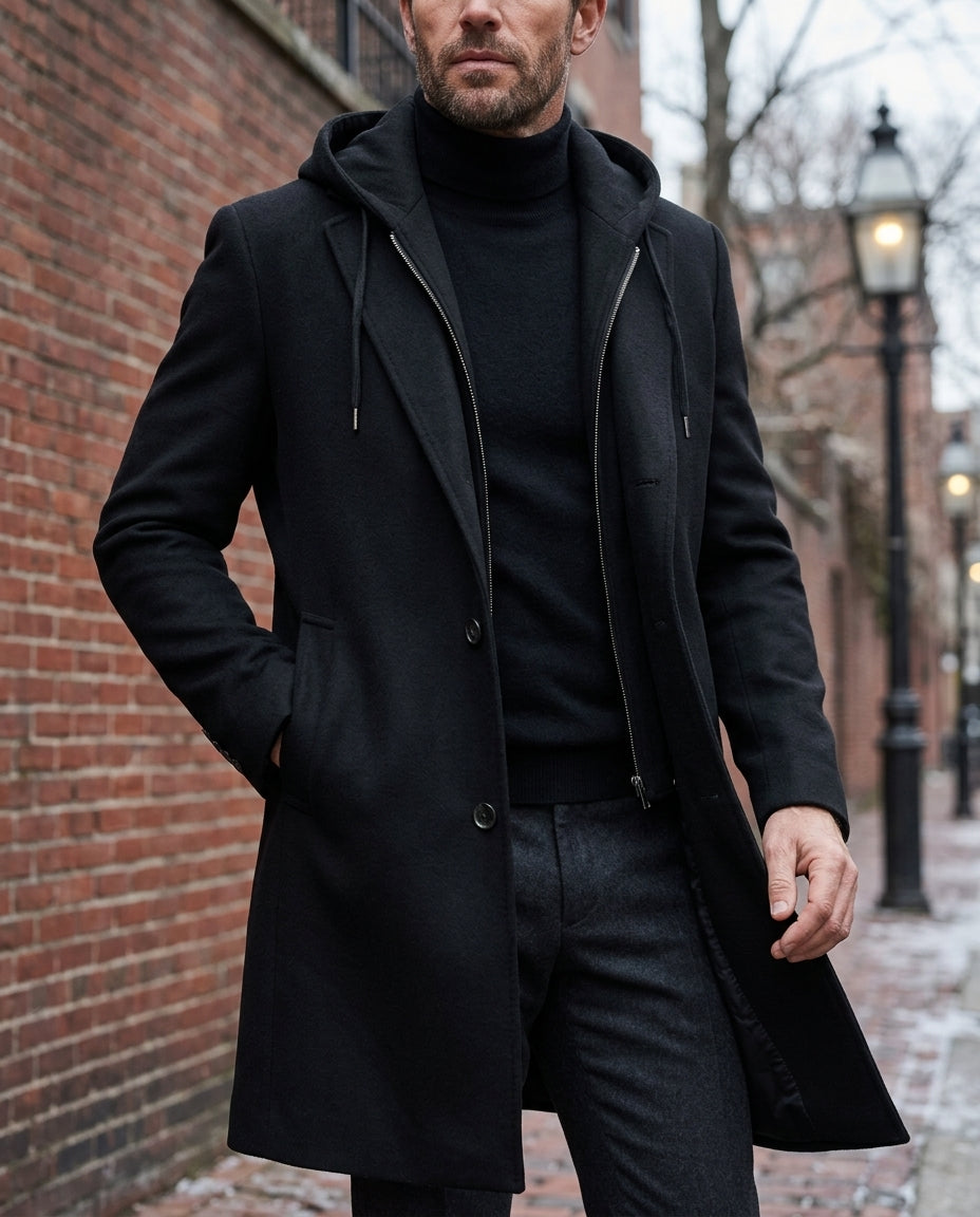 Everett Men's Virgin Wool Hooded Overcoat